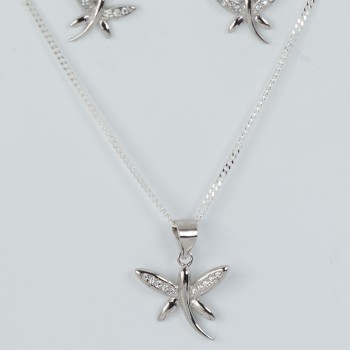 Sterling Silver/CZ Dragonfly Pendant and Chain with Matching Stud Earrings